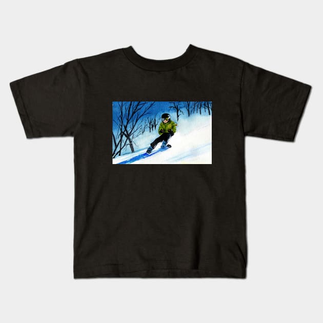 Snowy Downhill Skiing Watercolor Kids T-Shirt by MMcBuck